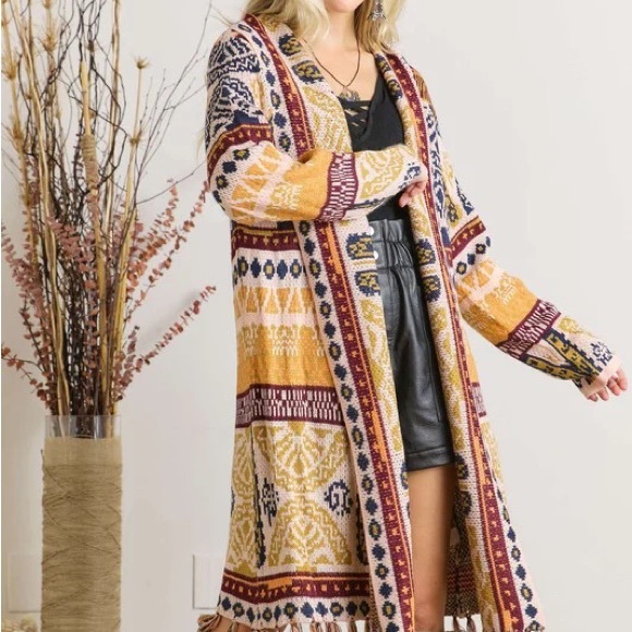 ADORA Tribal Pattern Cardigan with Fringe in Mauve Mix - Picture 3 of 5